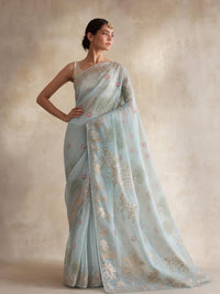 Celestial Mist Organza Saree With Botanical Gold Foil Detailing — view 1