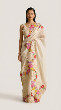 Champagne Bloom Pure Silk Saree With Multicolor Floral Embroidery — view 3