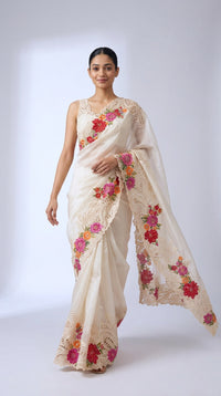 Champagne Bloom Pure Silk Saree With Multicolor Floral Embroidery — view 4