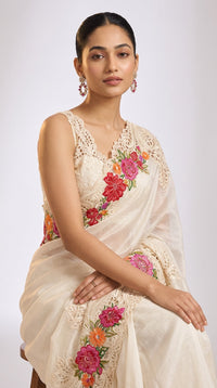 Champagne Bloom Pure Silk Saree With Multicolor Floral Embroidery — view 5