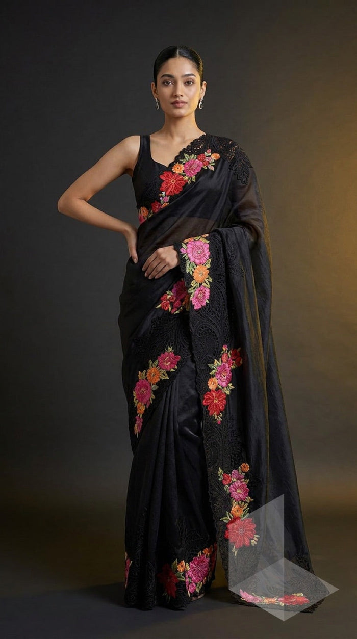 Midnight Bloom Pure Silk Saree With Floral Thread Embroidery