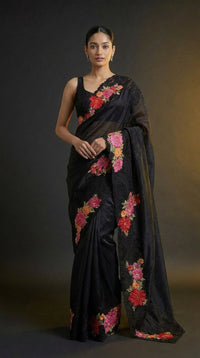 Midnight Bloom Pure Silk Saree With Floral Thread Embroidery — view 2