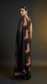 Midnight Bloom Pure Silk Saree With Floral Thread Embroidery — view 3