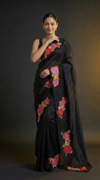 Midnight Bloom Pure Silk Saree With Floral Thread Embroidery — view 4
