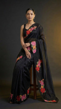 Midnight Bloom Pure Silk Saree With Floral Thread Embroidery — view 5