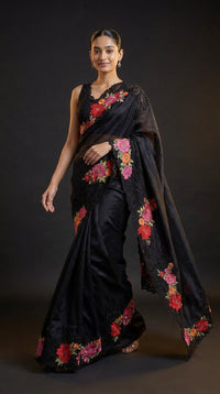 Midnight Bloom Pure Silk Saree With Floral Thread Embroidery — view 6