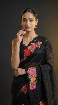 Midnight Bloom Pure Silk Saree With Floral Thread Embroidery — view 7