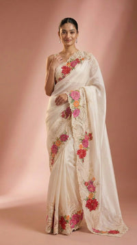 Ivory Blossom Pure Silk Saree With Floral Embroidered Lacework — view 1