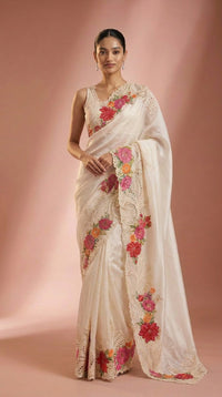 Ivory Blossom Pure Silk Saree With Floral Embroidered Lacework — view 2