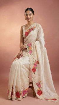 Ivory Blossom Pure Silk Saree With Floral Embroidered Lacework — view 3
