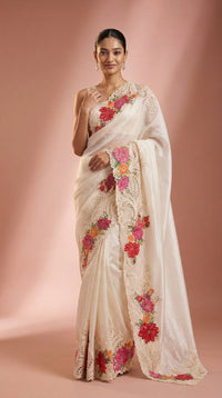 Ivory Blossom Pure Silk Saree With Floral Embroidered Lacework — view 4