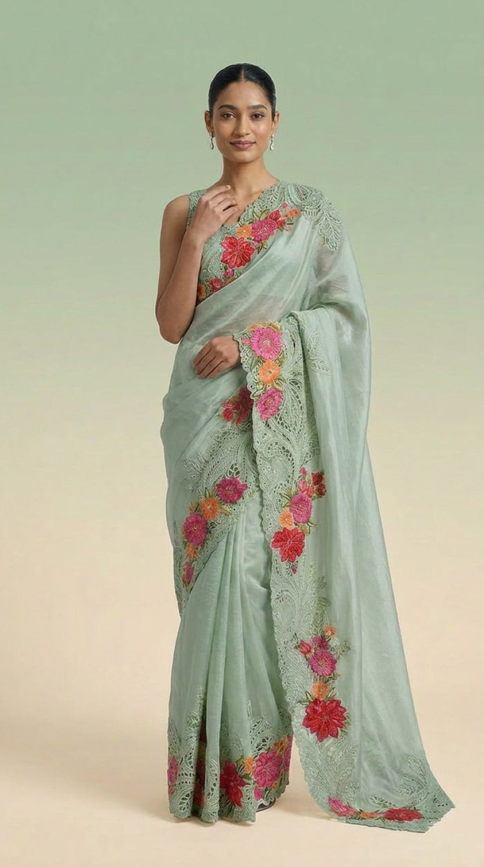 Celestial Mint Pure Silk Saree With Floral Embroidered Lace Border