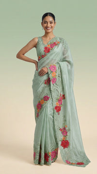 Celestial Mint Pure Silk Saree With Floral Embroidered Lace Border — view 2