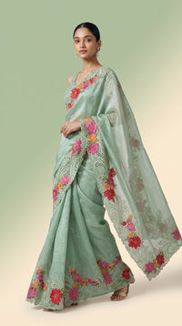 Celestial Mint Pure Silk Saree With Floral Embroidered Lace Border — view 3