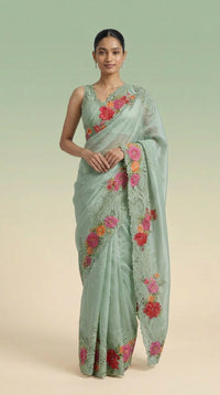 Celestial Mint Pure Silk Saree With Floral Embroidered Lace Border — view 4
