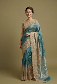 Aqua Zehra Tissue Silk Saree With Handcrafted Lace Border — view 1