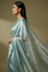 Celeste Silver Tissue Saree With Aqua Border — view 2