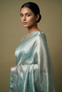 Celeste Silver Tissue Saree With Aqua Border — view 4