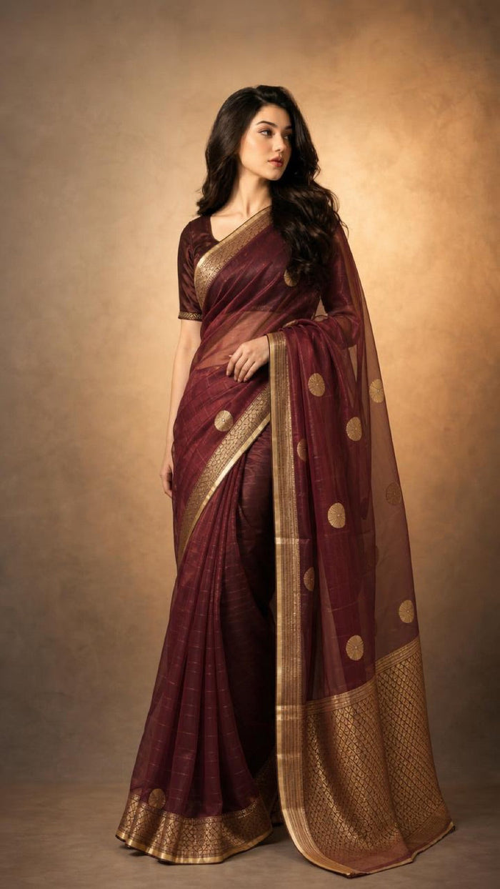 Vintage Wine Tissue Silk Saree With Antique Gold Zari