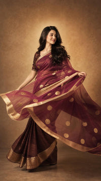 Vintage Wine Tissue Silk Saree With Antique Gold Zari — view 2