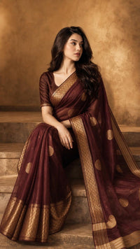 Vintage Wine Tissue Silk Saree With Antique Gold Zari — view 3