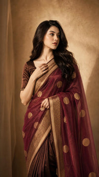 Vintage Wine Tissue Silk Saree With Antique Gold Zari — view 4