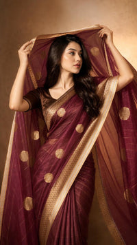 Vintage Wine Tissue Silk Saree With Antique Gold Zari — view 5